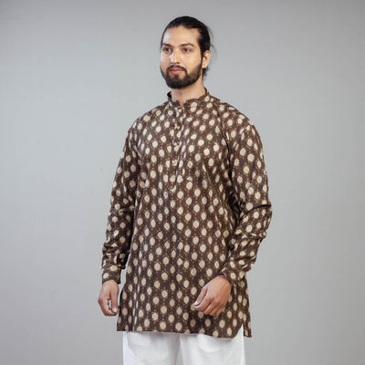 Brown - Akola Block Printed Cotton Men Short Kurta