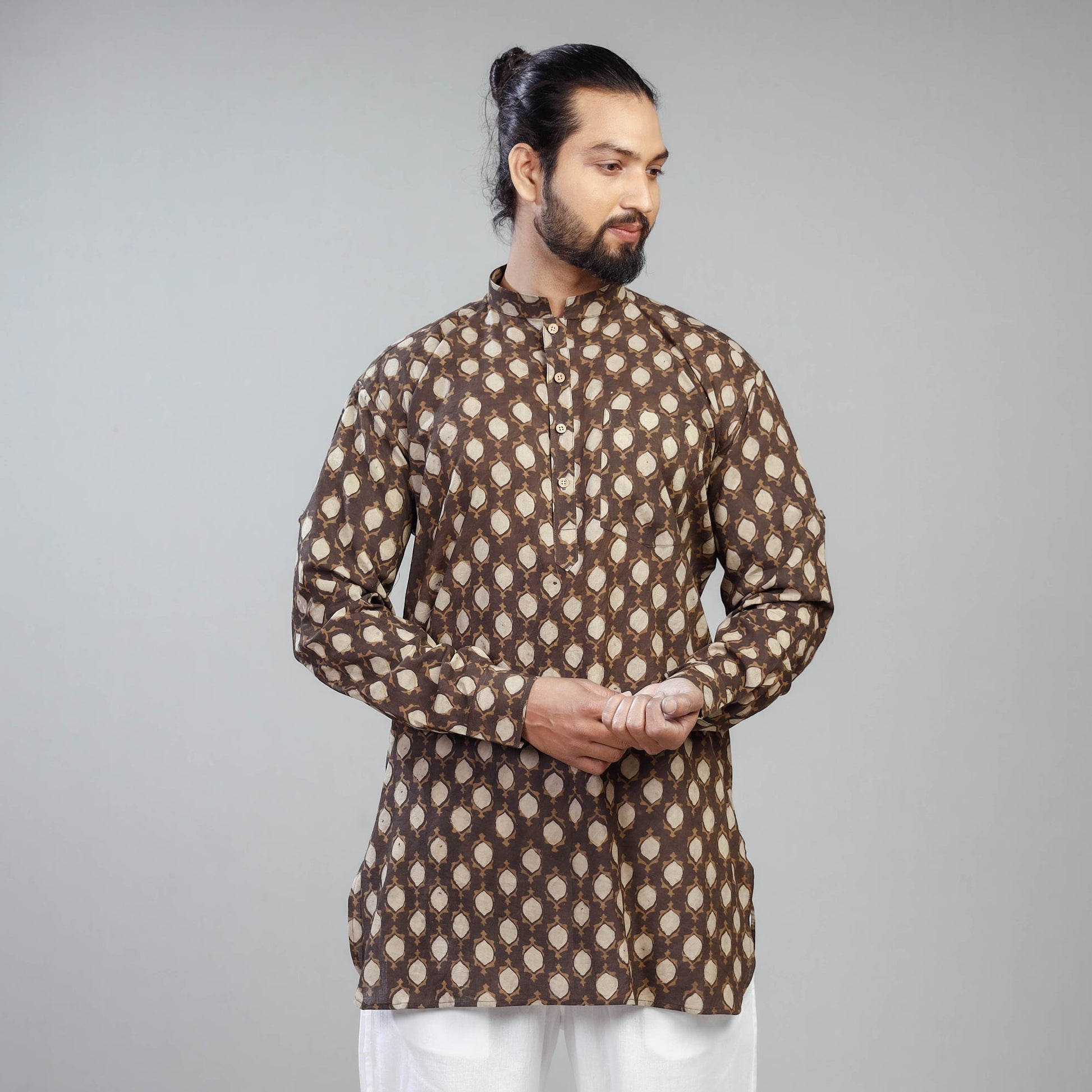 Brown - Akola Block Printed Cotton Men Short Kurta