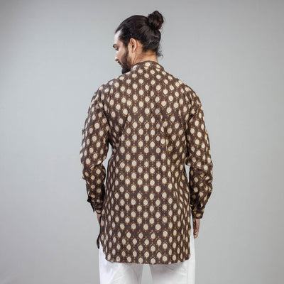 Brown - Akola Block Printed Cotton Men Short Kurta