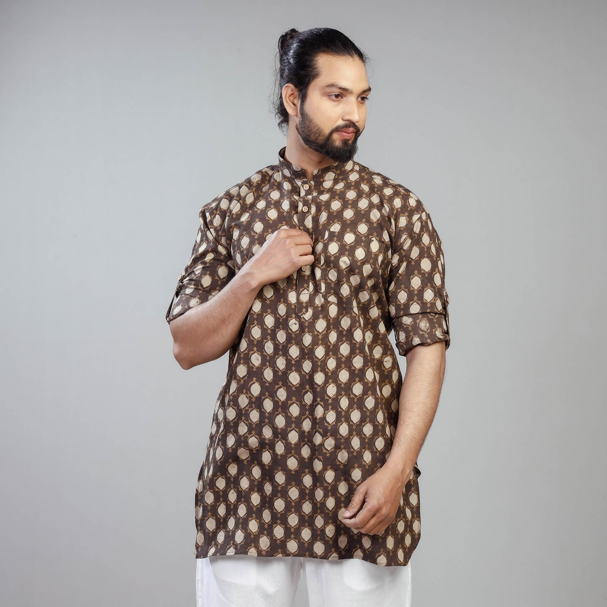 Brown - Akola Block Printed Cotton Men Short Kurta