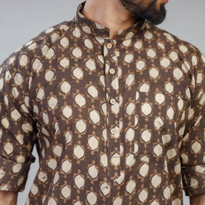 Brown - Akola Block Printed Cotton Men Short Kurta