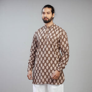 Brown - Akola Block Printed Cotton Men Short Kurta