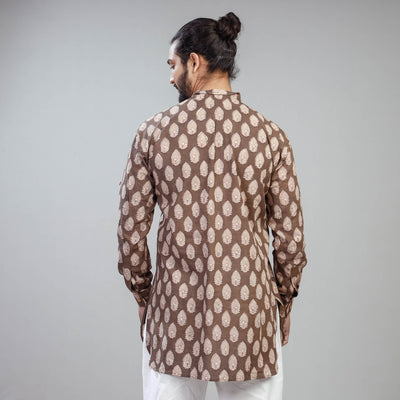Brown - Akola Block Printed Cotton Men Short Kurta