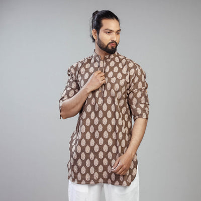 Brown - Akola Block Printed Cotton Men Short Kurta