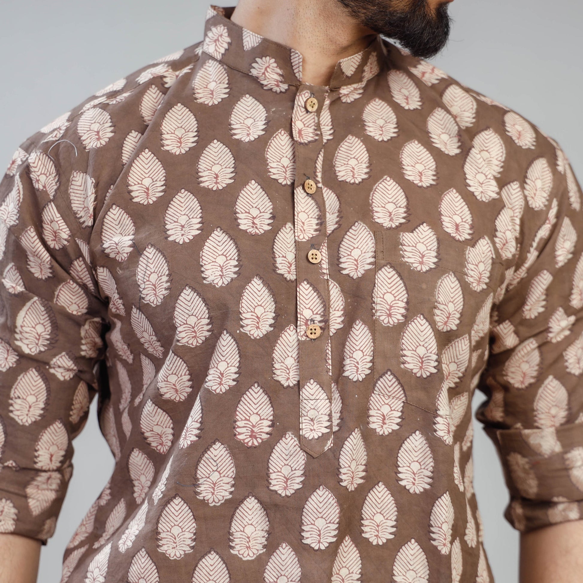 Brown - Akola Block Printed Cotton Men Short Kurta
