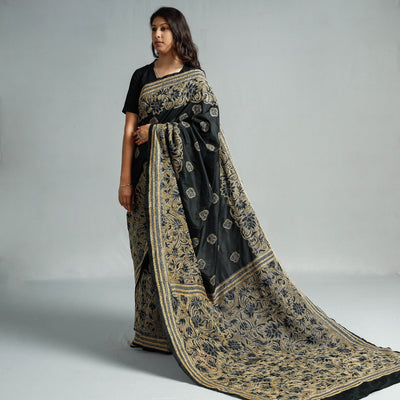Black - Bengal Kantha Embroidery Bangalore Silk Handloom Saree