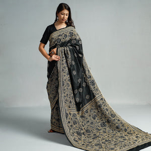 Black - Bengal Kantha Embroidery Bangalore Silk Handloom Saree