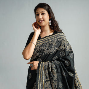 Black - Bengal Kantha Embroidery Bangalore Silk Handloom Saree