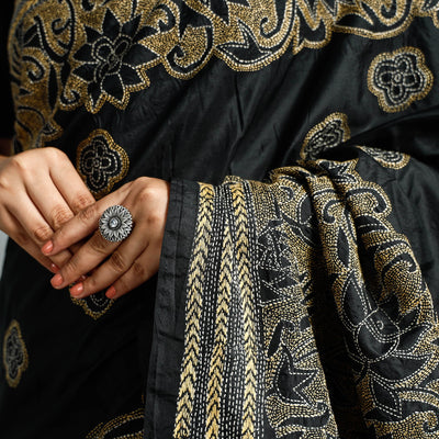 Black - Bengal Kantha Embroidery Bangalore Silk Handloom Saree