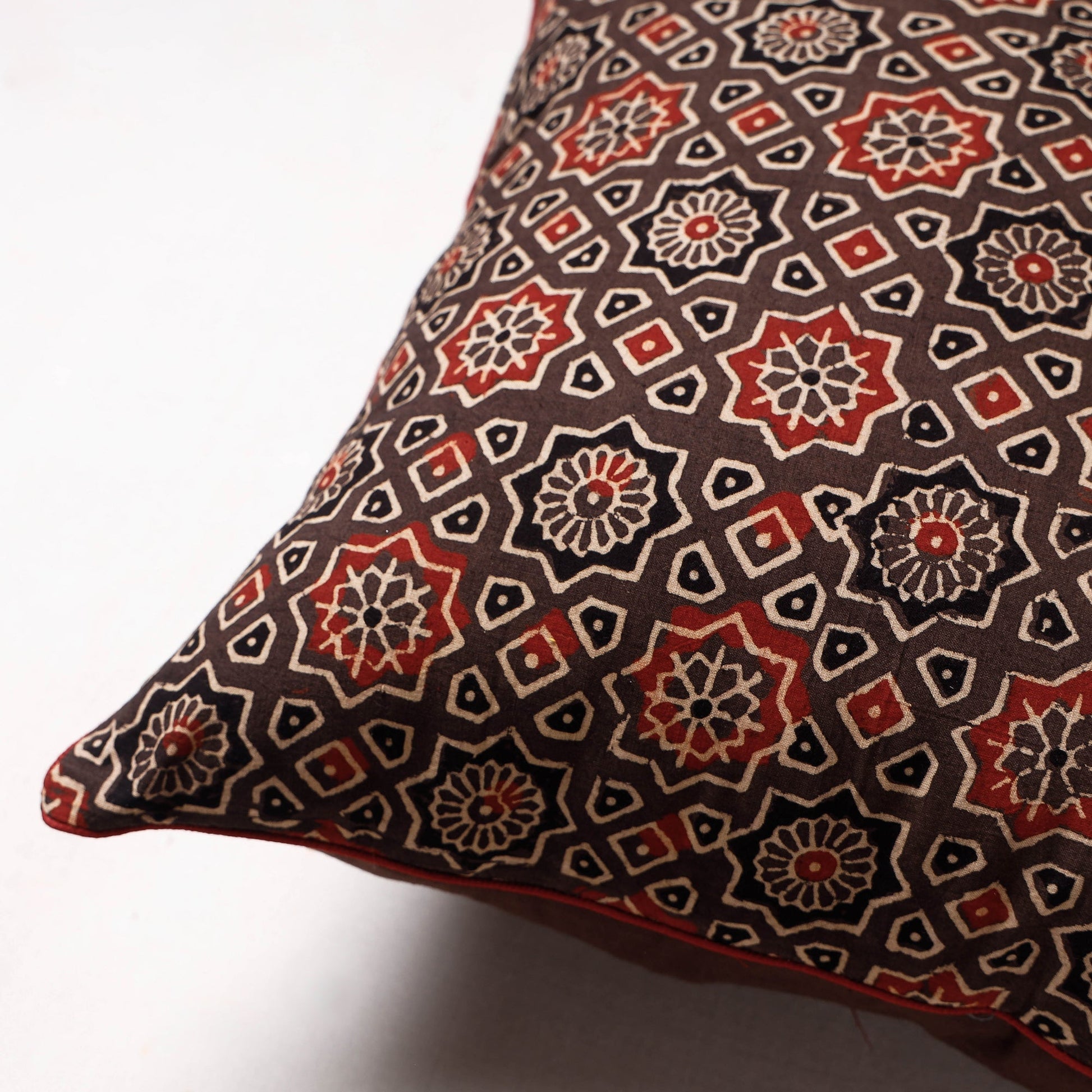 Brown - Ajrakh Block Printed Cotton Cushion Cover (16 x 16 in)