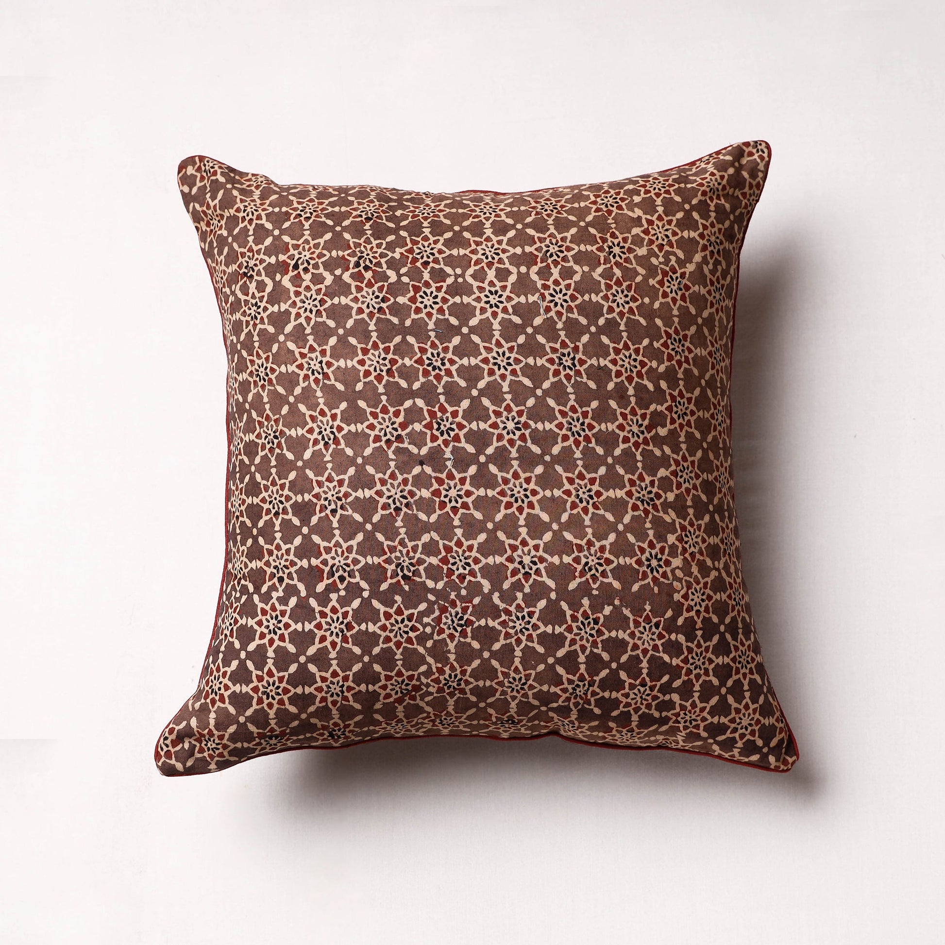 Brown - Ajrakh Block Printed Cotton Cushion Cover (16 x 16 in)