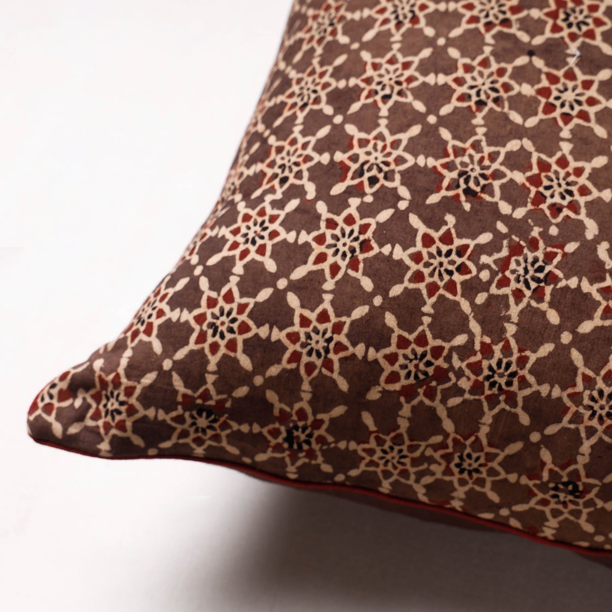 Brown - Ajrakh Block Printed Cotton Cushion Cover (16 x 16 in)