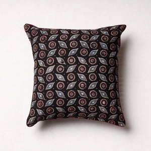 Black - Ajrakh Block Printed Cotton Cushion Cover (16 x 16 in)