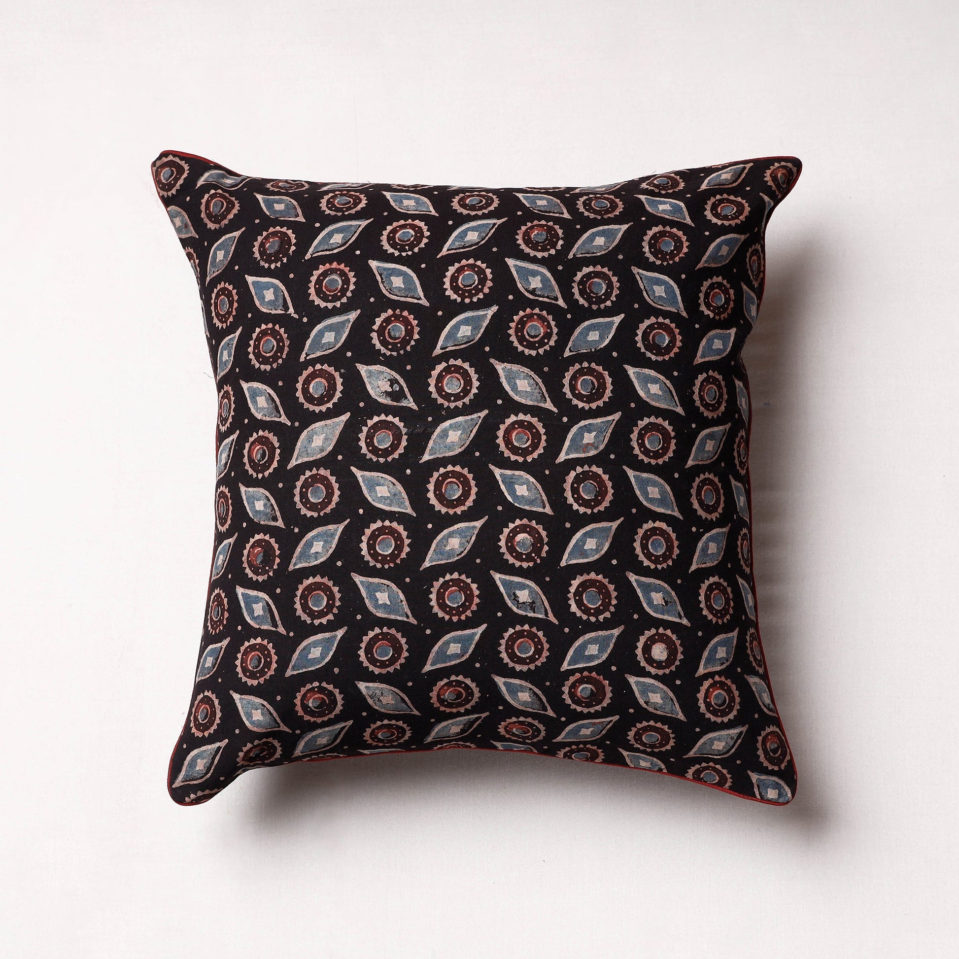 Black - Ajrakh Block Printed Cotton Cushion Cover (16 x 16 in)