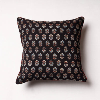 Black - Ajrakh Block Printed Cotton Cushion Cover (16 x 16 in)