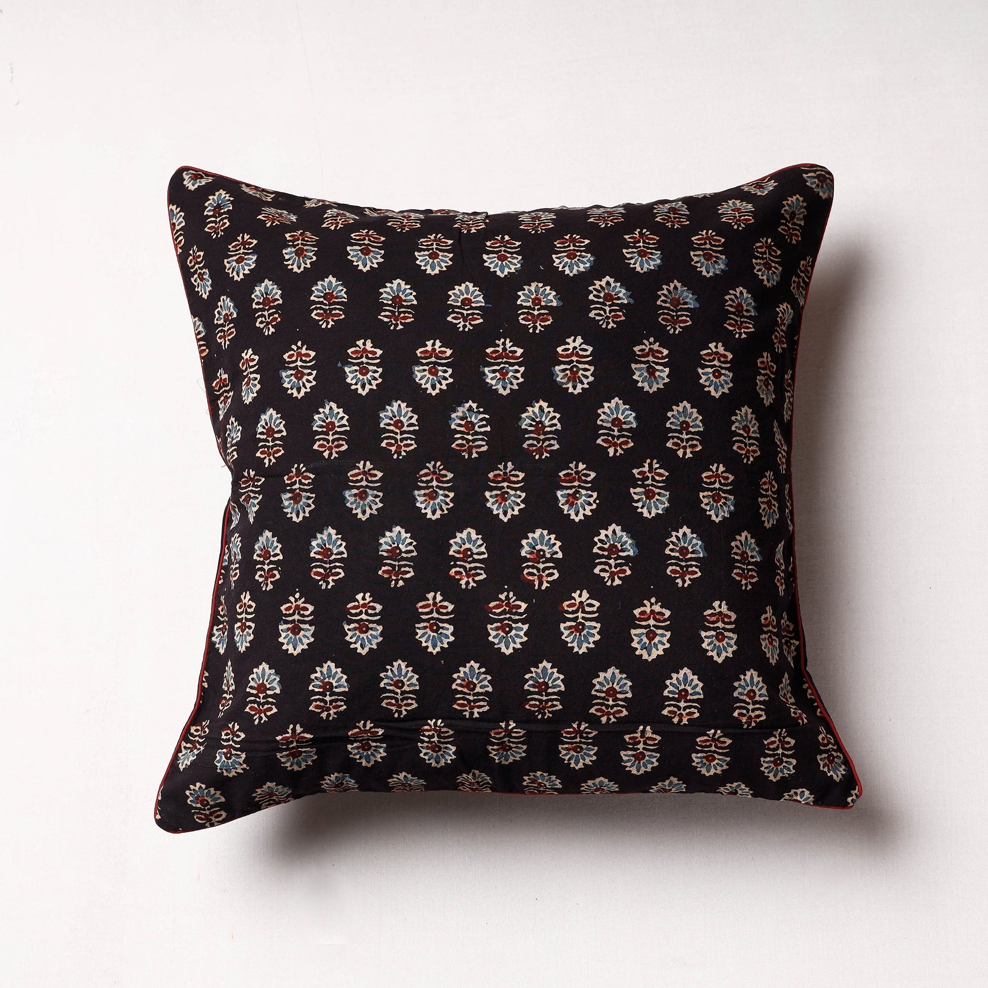 Black - Ajrakh Block Printed Cotton Cushion Cover (16 x 16 in)