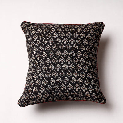 Black - Ajrakh Block Printed Cotton Cushion Cover (16 x 16 in)