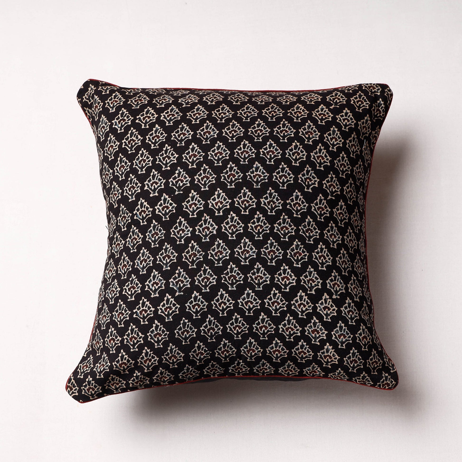 Black - Ajrakh Block Printed Cotton Cushion Cover (16 x 16 in)