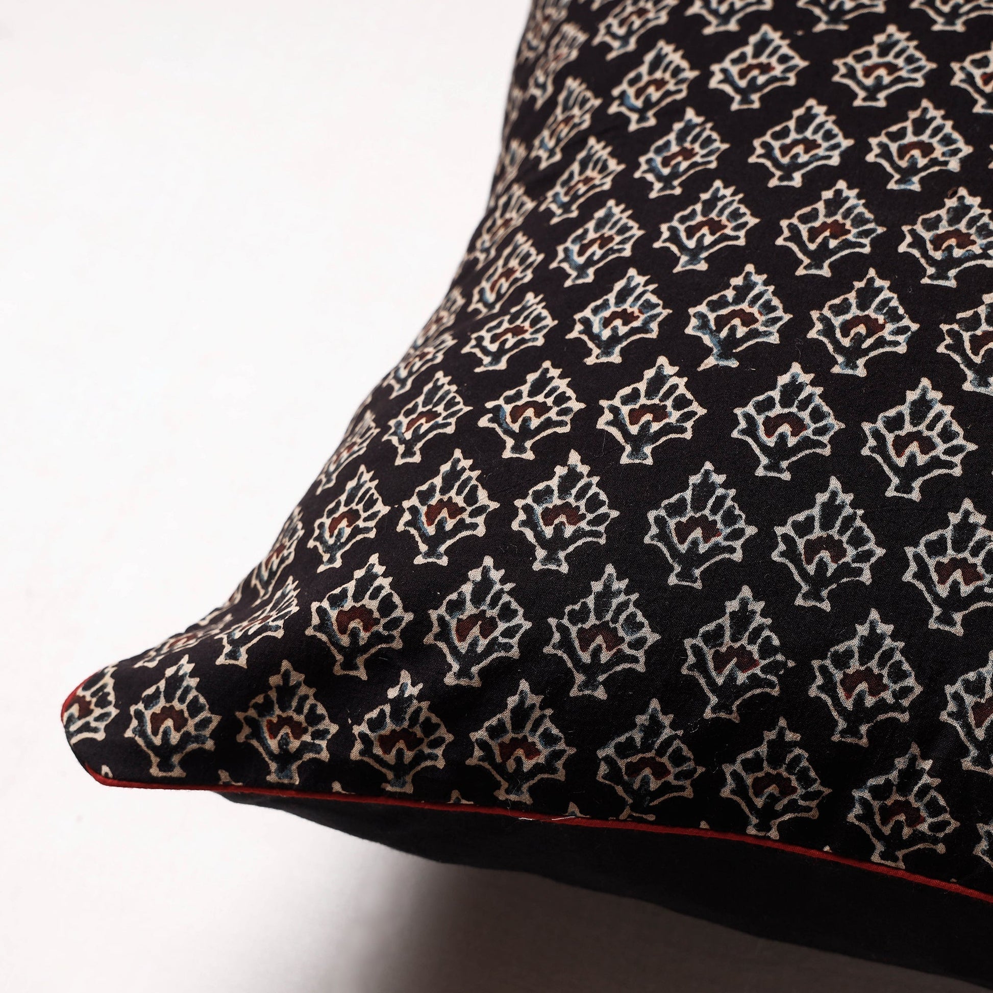 Black - Ajrakh Block Printed Cotton Cushion Cover (16 x 16 in)