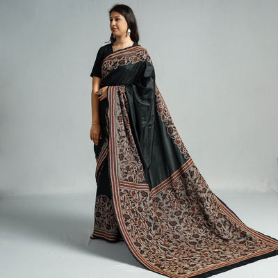 Black - Bengal Kantha Embroidery Bangalore Silk Handloom Saree