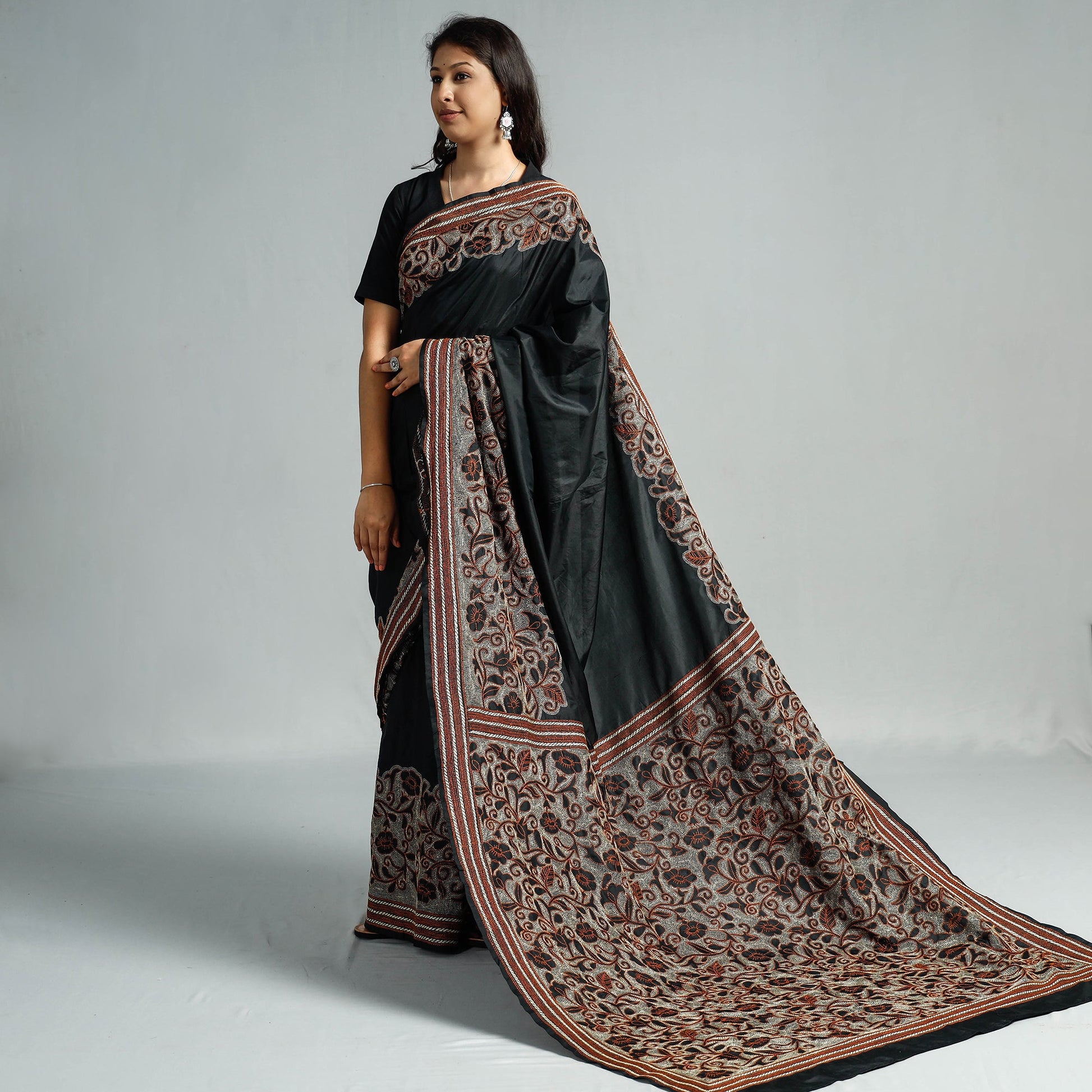 Black - Bengal Kantha Embroidery Bangalore Silk Handloom Saree