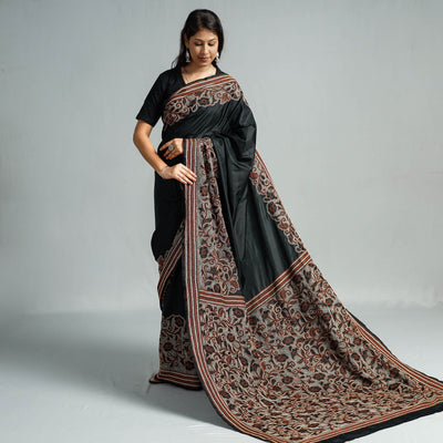 Black - Bengal Kantha Embroidery Bangalore Silk Handloom Saree