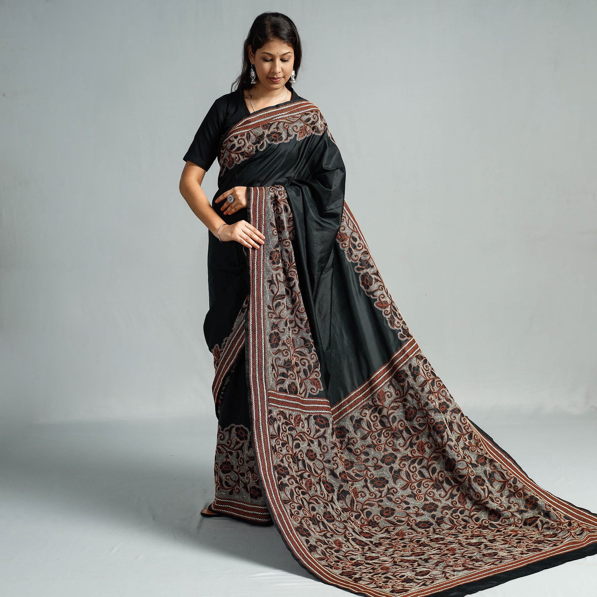 Black - Bengal Kantha Embroidery Bangalore Silk Handloom Saree