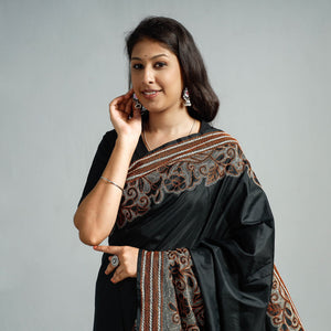 Black - Bengal Kantha Embroidery Bangalore Silk Handloom Saree
