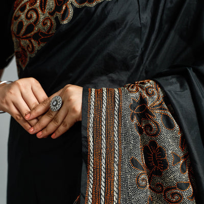 Black - Bengal Kantha Embroidery Bangalore Silk Handloom Saree