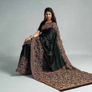 Black - Bengal Kantha Embroidery Bangalore Silk Handloom Saree