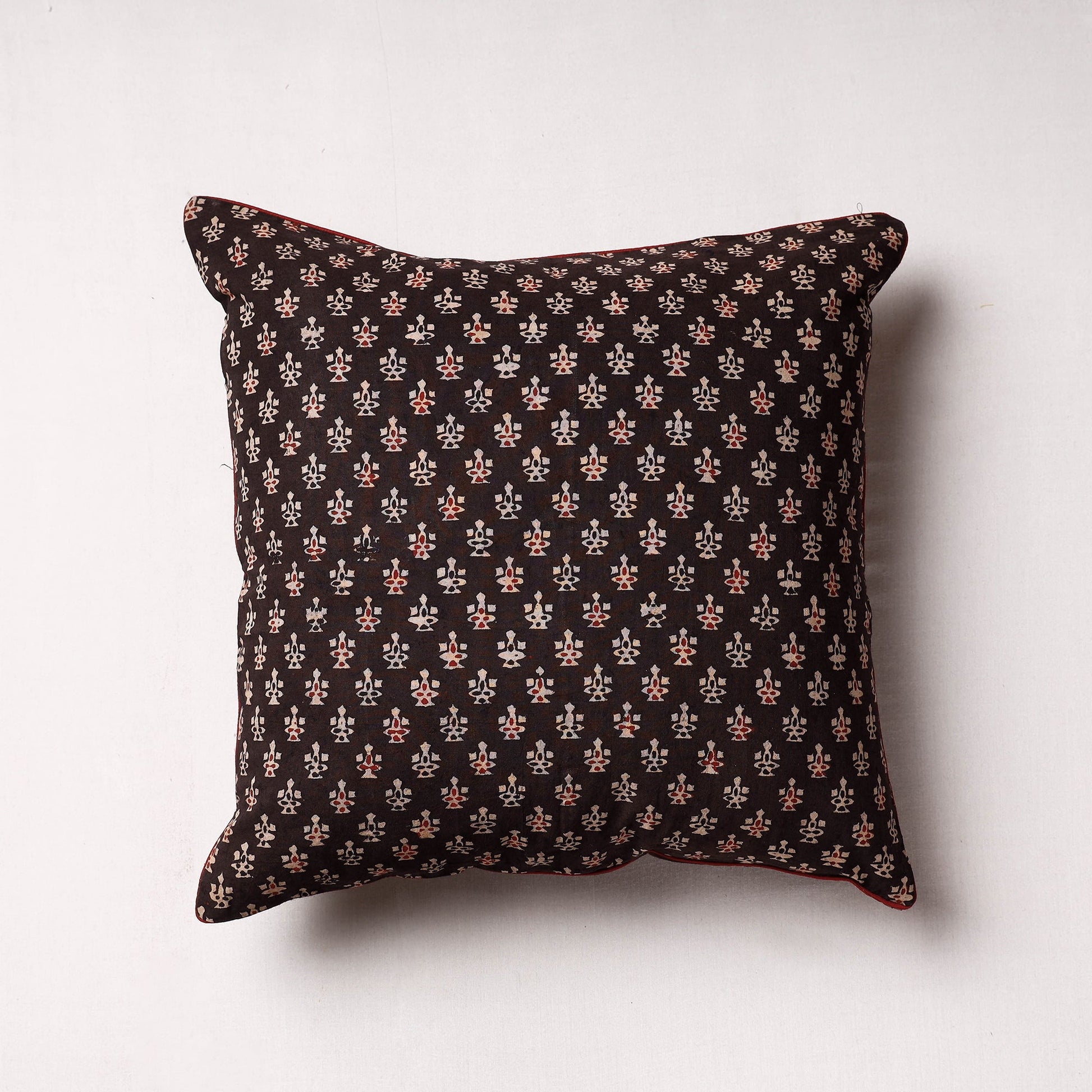 Black - Ajrakh Block Printed Cotton Cushion Cover (16 x 16 in)