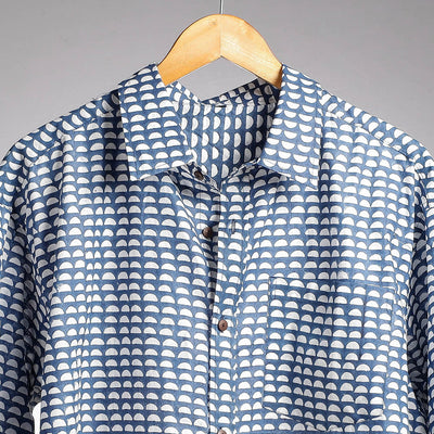 Blue - Hand Block Printed Cotton Full Sleeve Men Shirt
