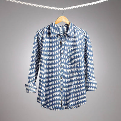 Blue - Hand Block Printed Cotton Full Sleeve Men Shirt