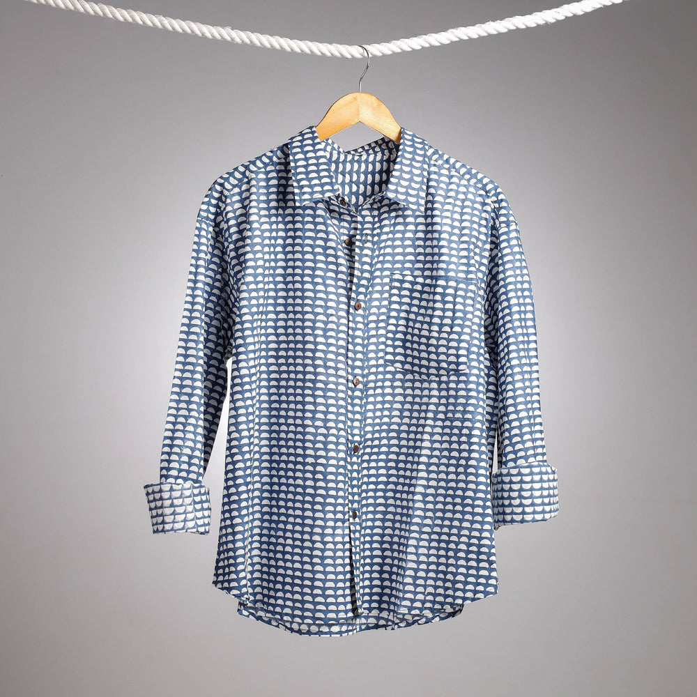 Blue - Hand Block Printed Cotton Full Sleeve Men Shirt