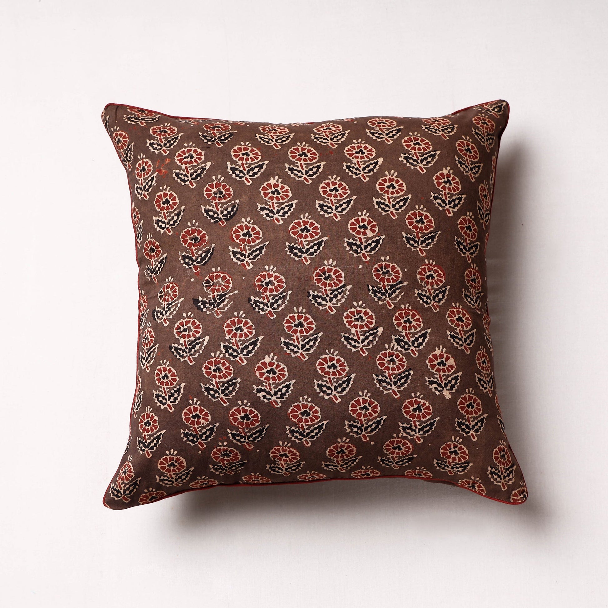 Brown - Ajrakh Block Printed Cotton Cushion Cover (16 x 16 in)