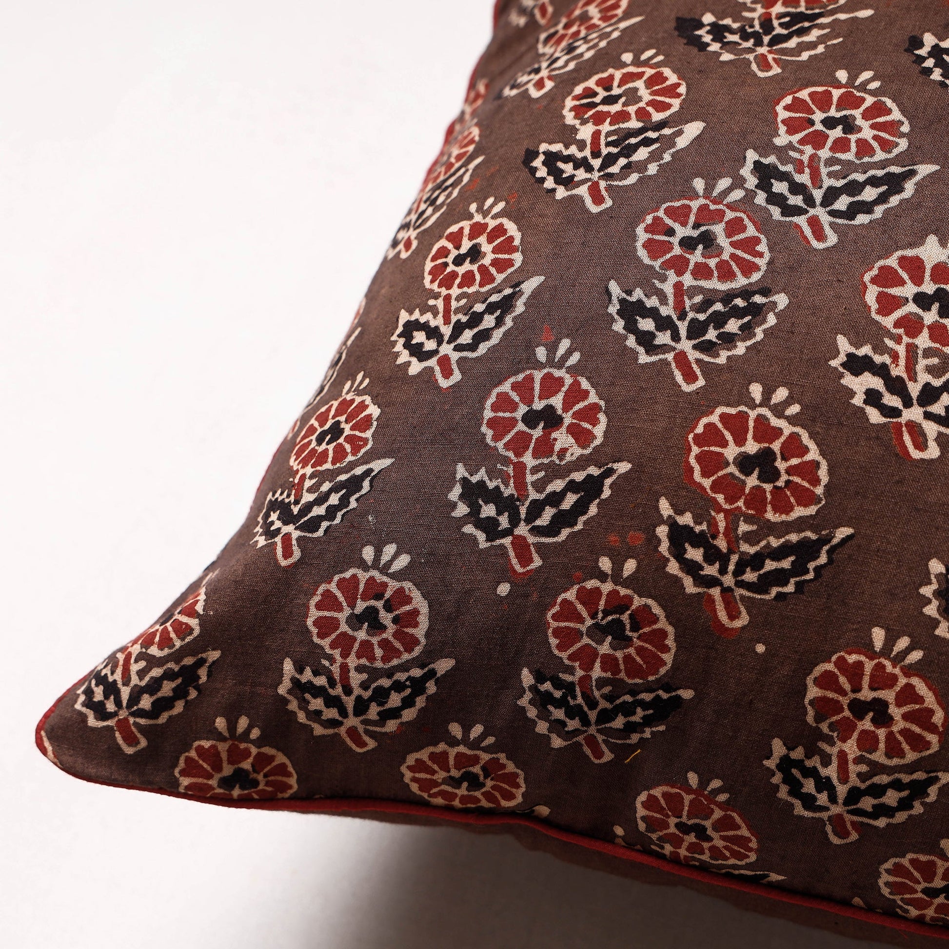 Brown - Ajrakh Block Printed Cotton Cushion Cover (16 x 16 in)