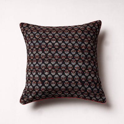 Black - Ajrakh Block Printed Cotton Cushion Cover (16 x 16 in)