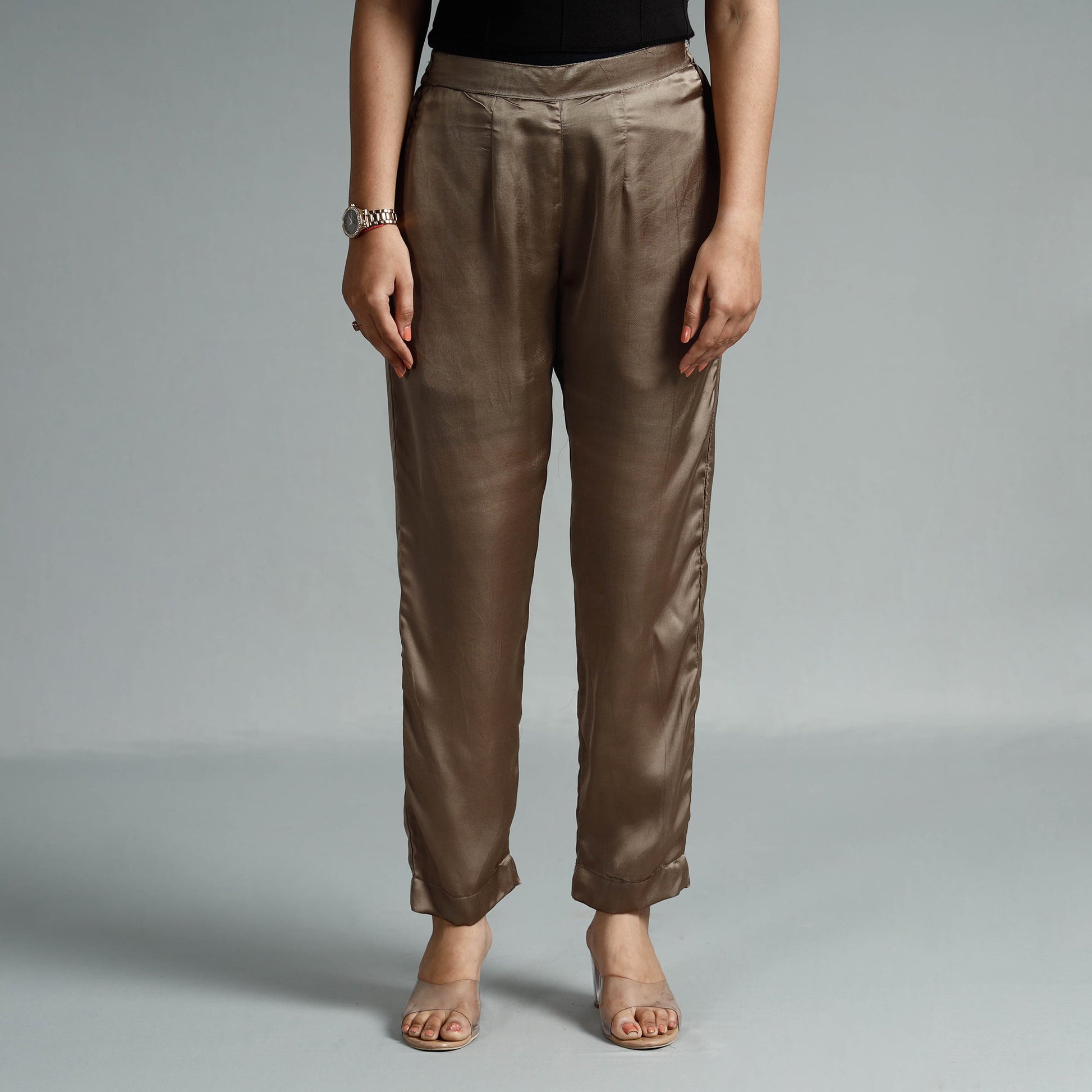 Brown - Plain Modal Silk Elasticated Pant