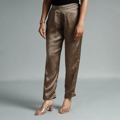 Brown - Plain Modal Silk Elasticated Pant