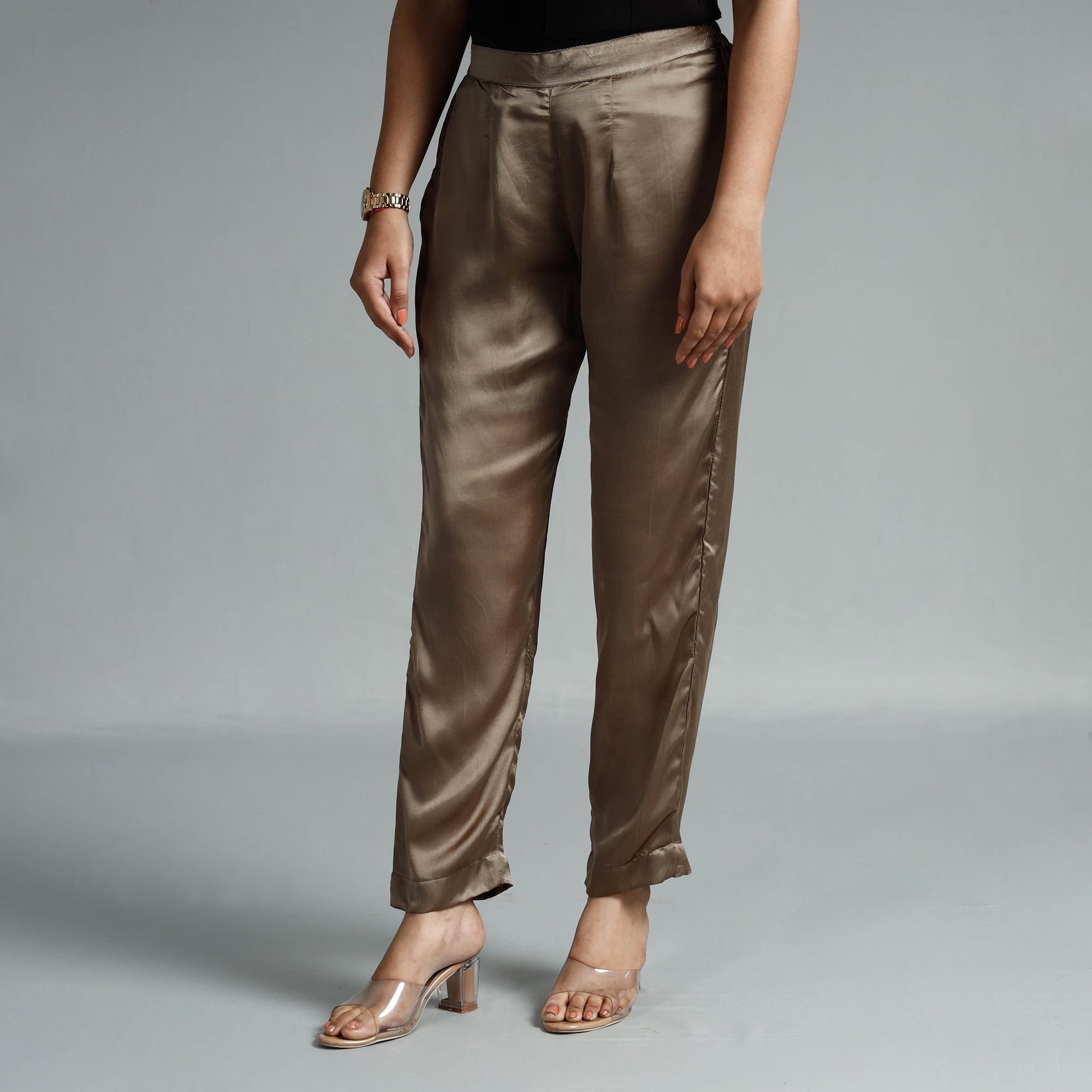 Brown - Plain Modal Silk Elasticated Pant