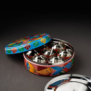 Blue - Bengal Patua Handpainted Stainless Steel Masala Box (7.5 x 7.5 in)