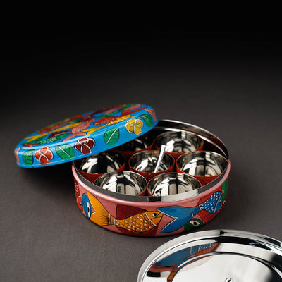 Blue - Bengal Patua Handpainted Stainless Steel Masala Box (7.5 x 7.5 in)