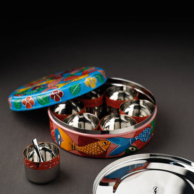 Blue - Bengal Patua Handpainted Stainless Steel Masala Box (7.5 x 7.5 in)