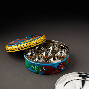 Blue - Bengal Patua Handpainted Stainless Steel Masala Box (7.5 x 7.5 in)