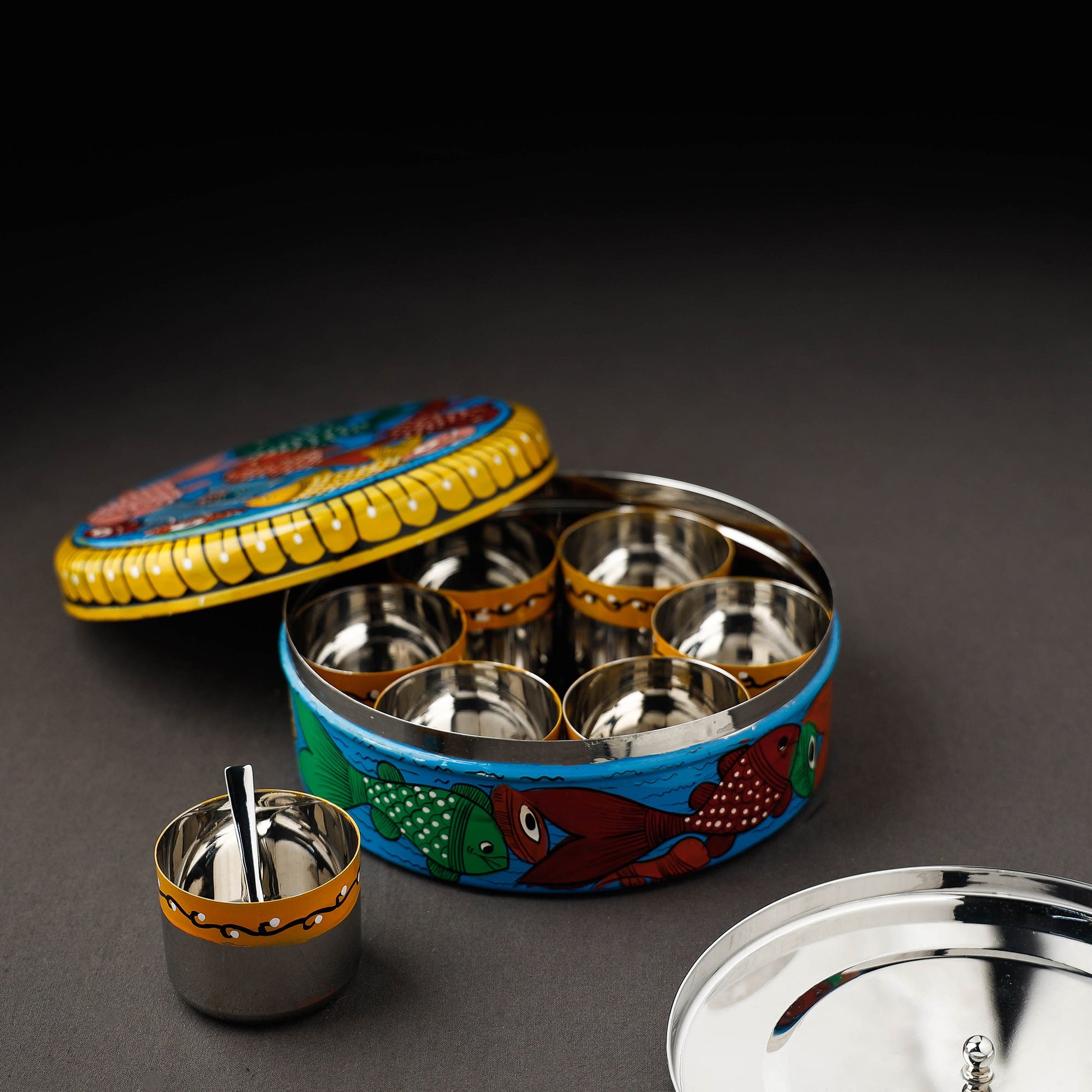 Blue - Bengal Patua Handpainted Stainless Steel Masala Box (7.5 x 7.5 in)