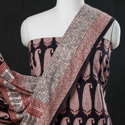 Black - 3pc Natural Dyed Cotton Bagh Print Suit Material Set