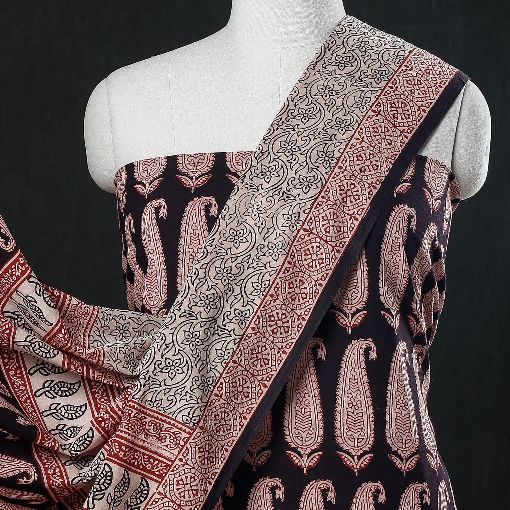 Black - 3pc Natural Dyed Cotton Bagh Print Suit Material Set