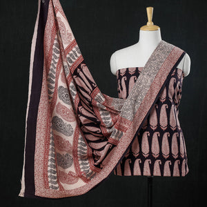 Black - 3pc Natural Dyed Cotton Bagh Print Suit Material Set