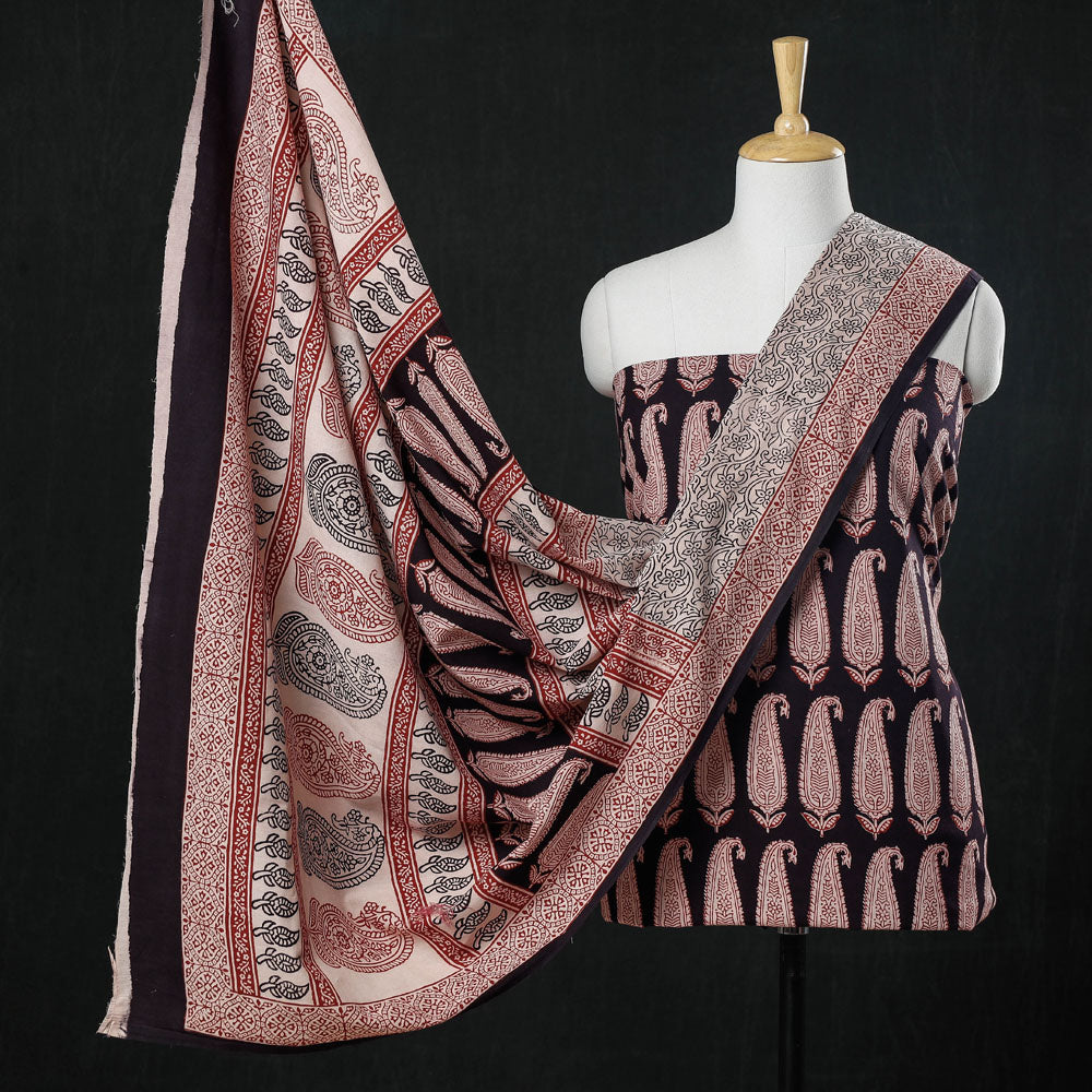 Black - 3pc Natural Dyed Cotton Bagh Print Suit Material Set
