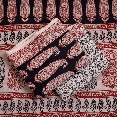 Black - 3pc Natural Dyed Cotton Bagh Print Suit Material Set